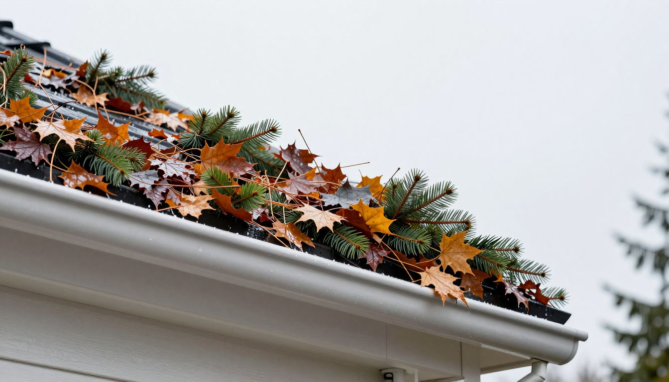 Rain gutter packed with wet fir needles and maple leaves against white fascia