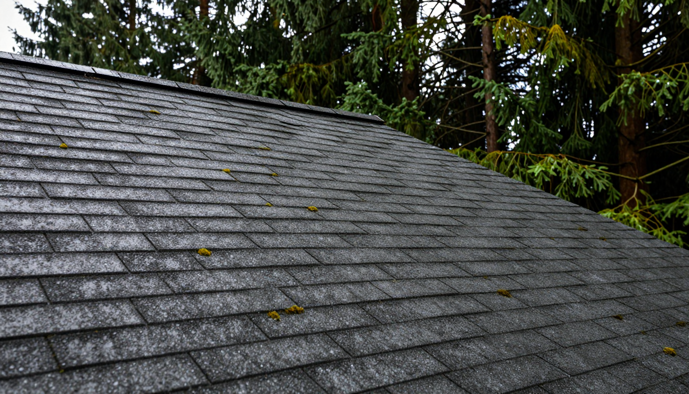 Roof shingles with light moss beginning to return along a shaded edge