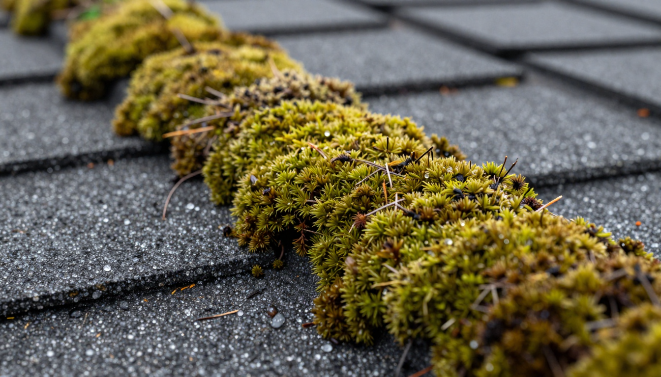 Close-up of moss working into shingle lines on a composition roof