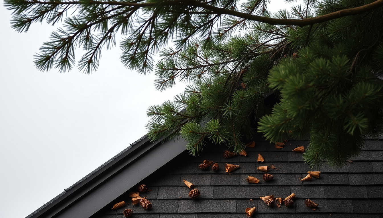 Pine branches overhanging a roof with cones and debris scattered across the shingles