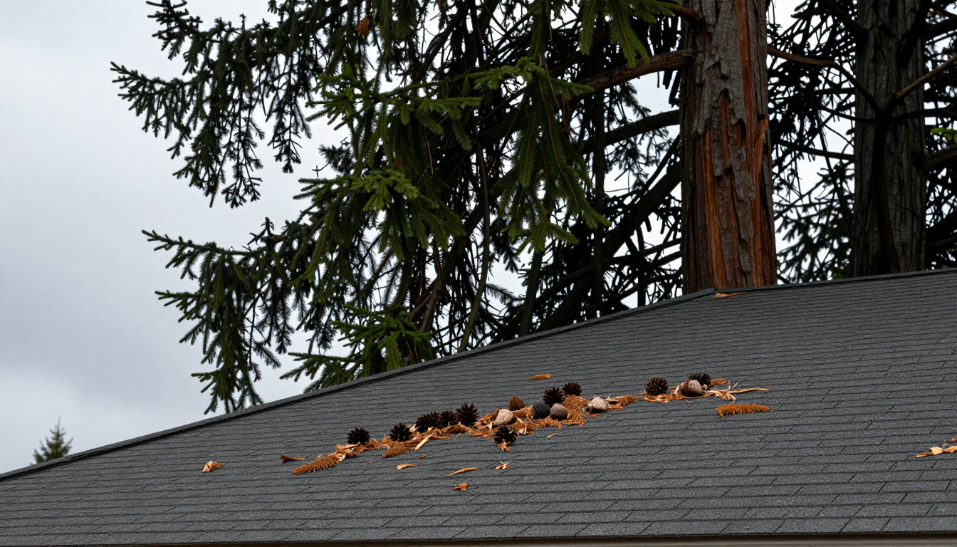 Fir trunk beside a roofline with a debris line collected along the shingles