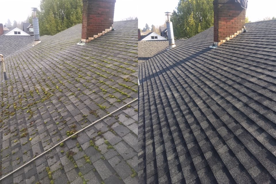 Side-by-side before and after of a roof around a brick chimney — moss on the left, clean shingles on the right