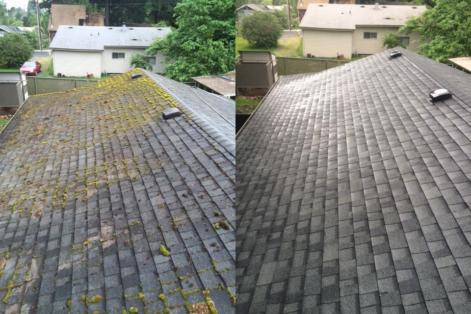 Side-by-side before and after of Josh's composition shingle roof valley — green moss buildup on the left, clean shingles on the right